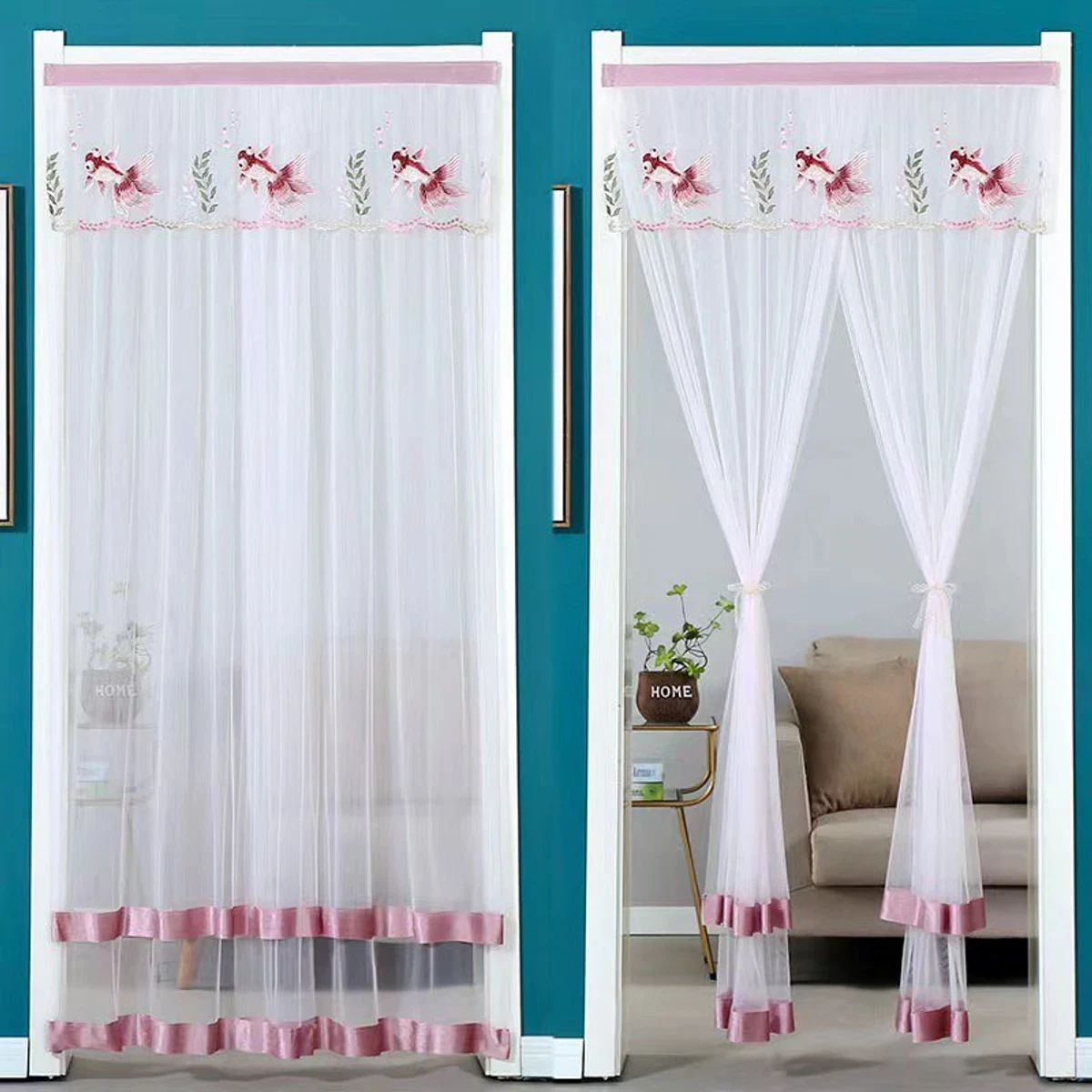 Double Layer Lace Embroidered Door Curtain pink & purple colour